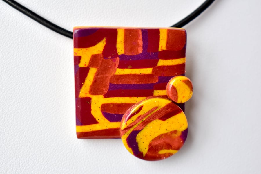 Jazz Gold, Copper & Purple Square Polymer Clay Pendant & Earring Set