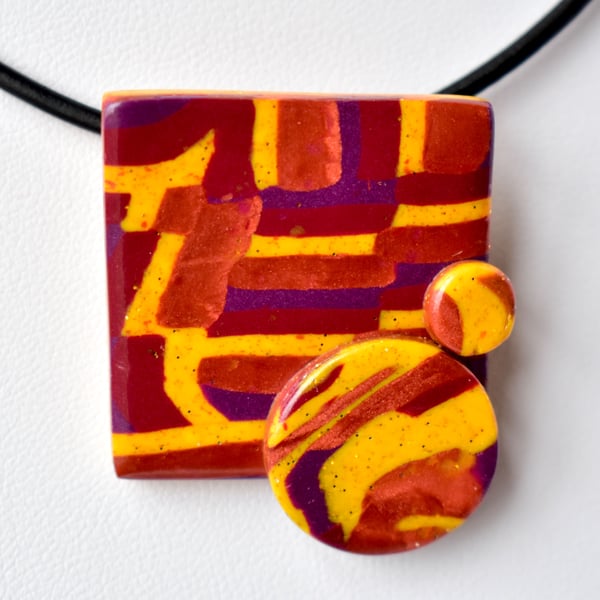 Jazz Gold, Copper & Purple Square Polymer Clay Pendant & Earring Set