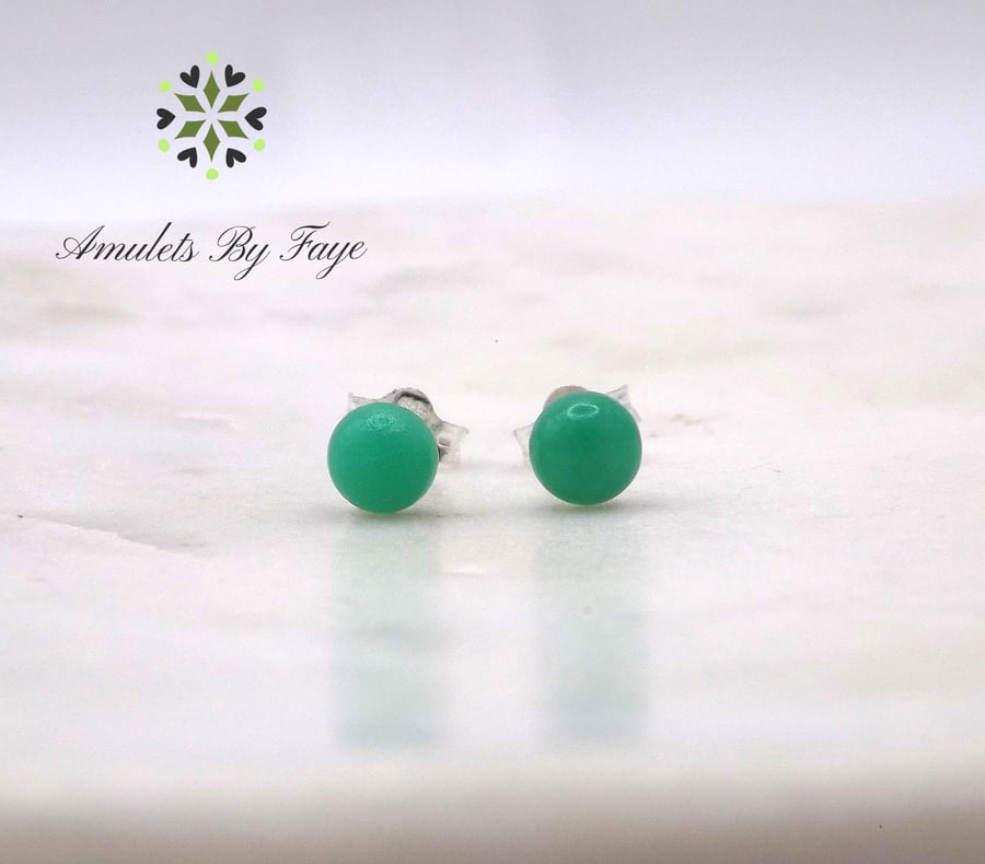 Chrysoprase Round Cabochon 5mm Gemstones Sterling Silver Stud Earrings.