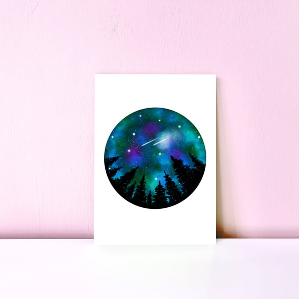 A5 Magical Night Sky Forest Scene Print, Shooting Stars, Nature Lovers.