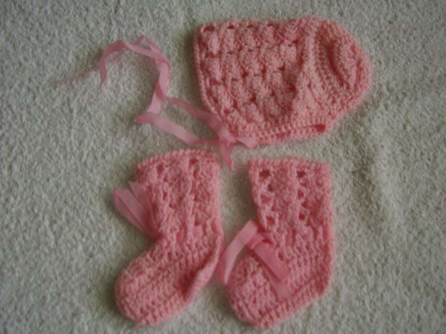 Crochet Pink Baby Hat and Bootees