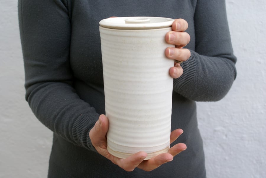 Tall ceramic kitchen canister - stoneware pottery jar in vanilla cream