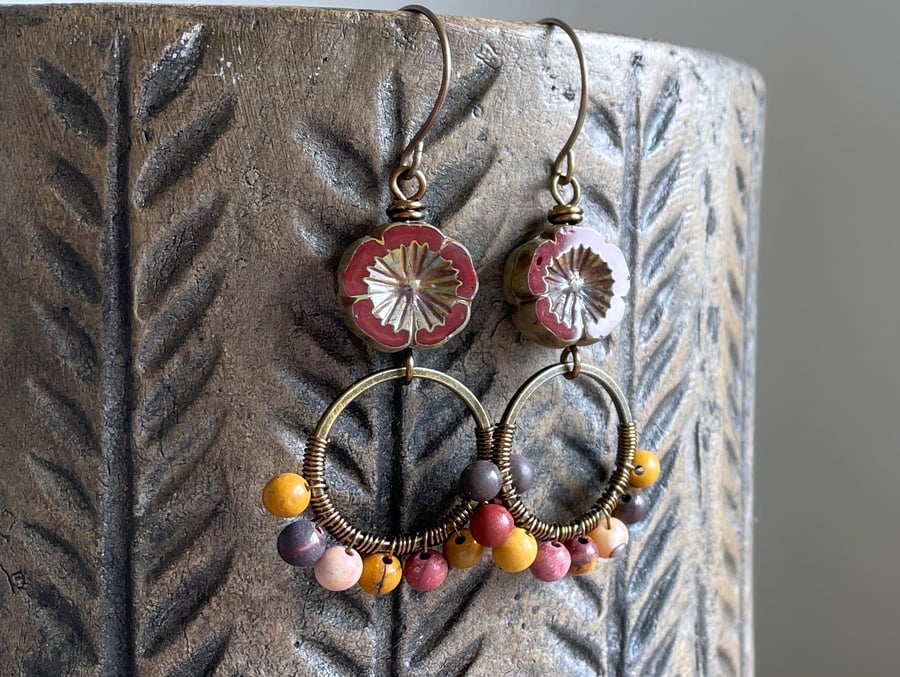 Mookaite & Czech Glass Flower Earrings. Bohemian Style Wirework Hoops