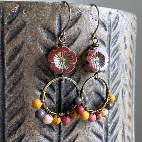 Mookaite & Czech Glass Flower Earrings. Bohemian Style Wirework Hoops