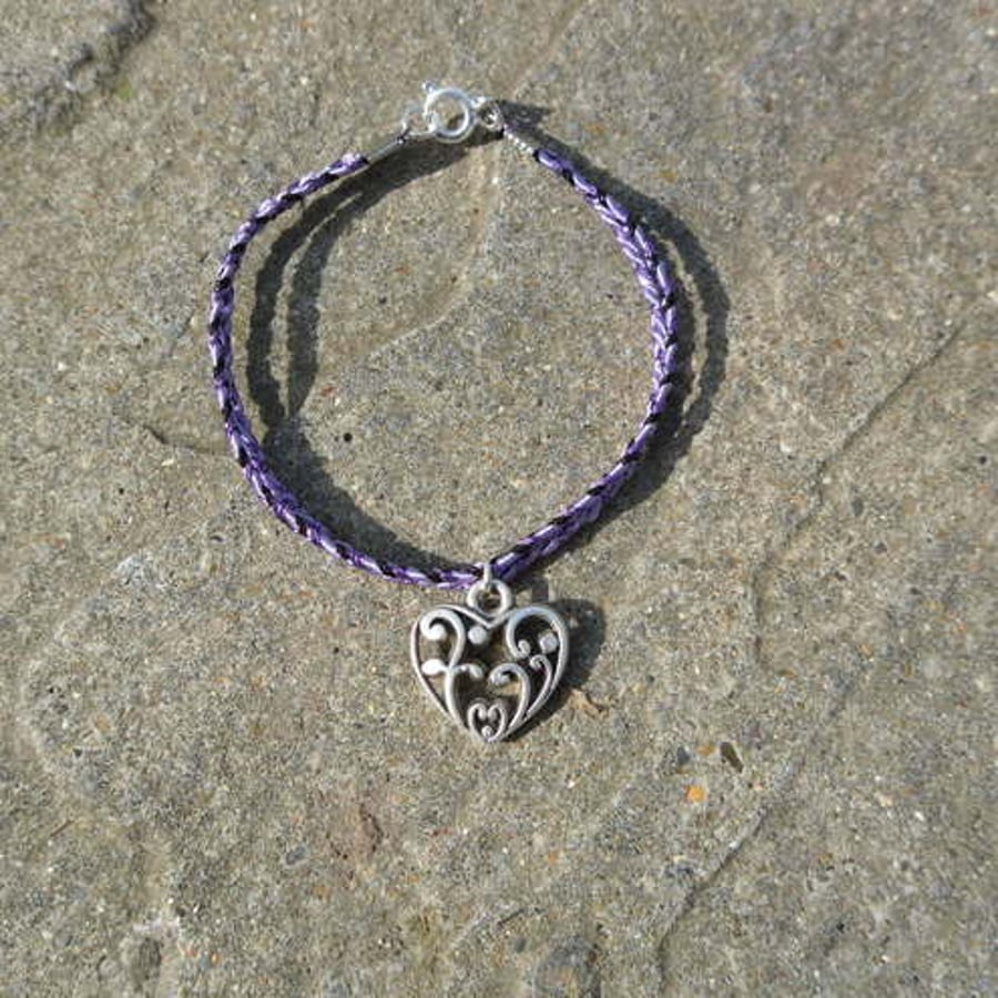 Silver Plated Heart Charm on Purple Friendship Bracelet