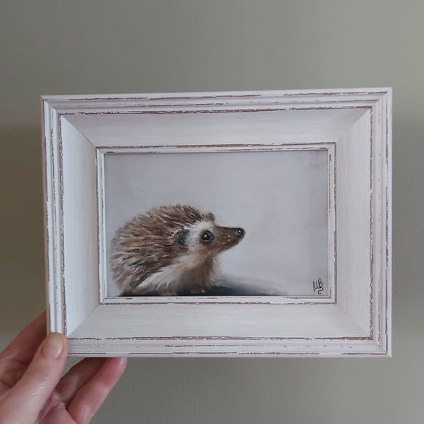 Framed Original Art Soft Pastel Drawing of a Hedgehog 