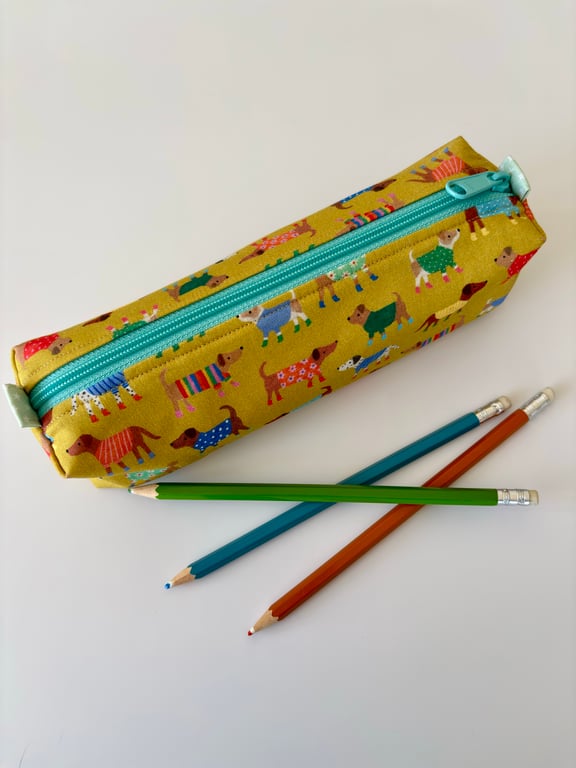 Dog pencil case - padded zipped fabric pouch for pencils, crafts, makeup