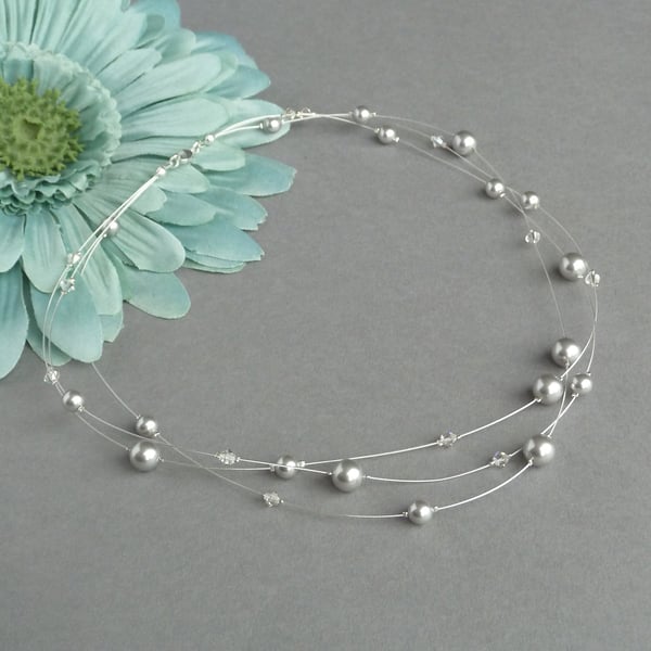 Silver Grey Floating Pearl Necklace - Light Grey Bridesmaid Jewellery - Wedding