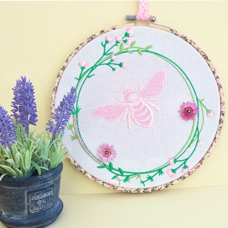 Pink Bee Embroidery Hooped Decoration 20cm (8”) ready to hang