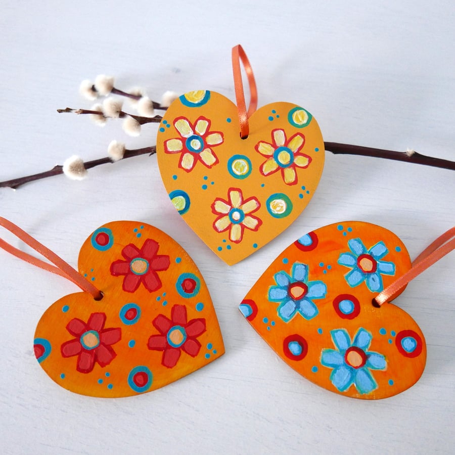 Orange Hanging Hearts, Valentine's Day Gift, Easter Decoration, Flower Art