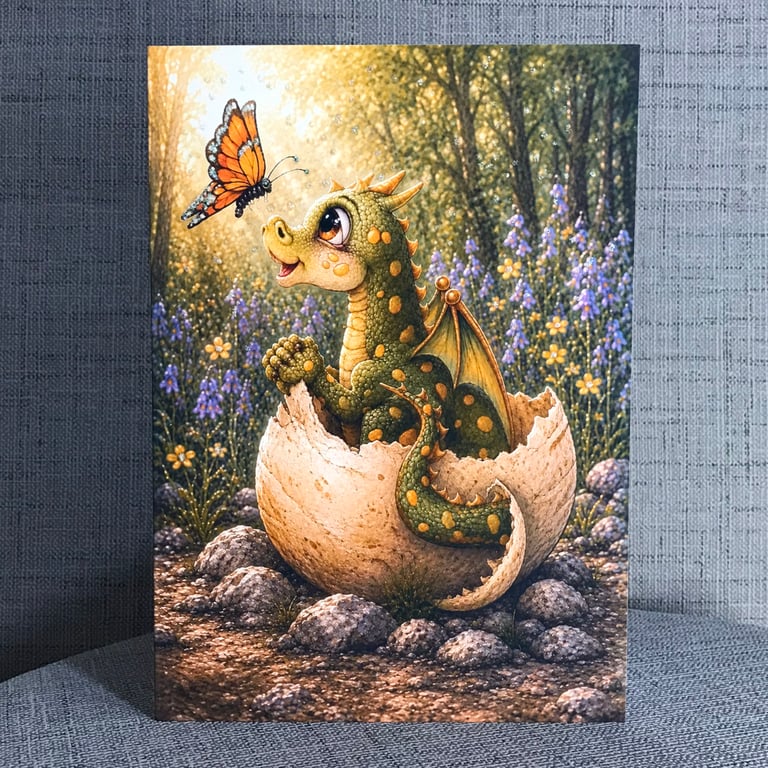 Birthday Greeting Card Baby Dragon, Cute Dragon Hatching from Egg, Fantasy A5