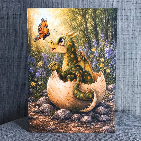 Birthday Greeting Card Baby Dragon, Cute Dragon Hatching from Egg, Fantasy A5