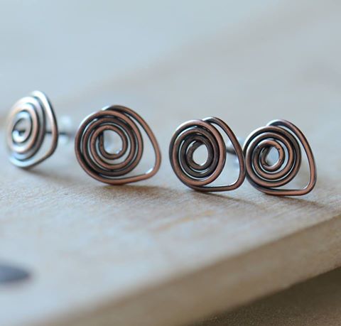 Handmade Copper Swirl Stud Earwire Earrings 