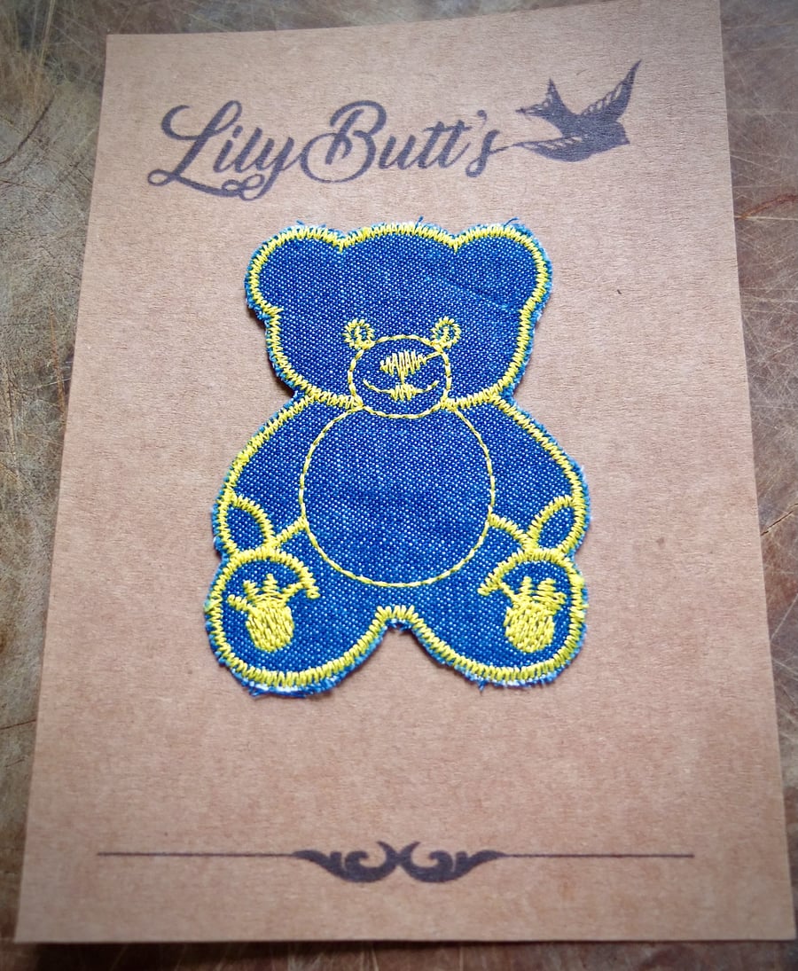 Embroidered Denim Teddy Bear Sew on Patch