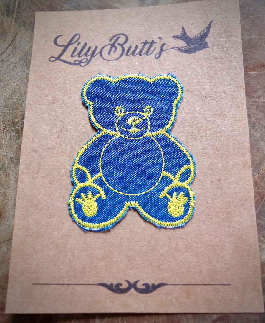 Embroidered Denim Teddy Bear Sew on Patch