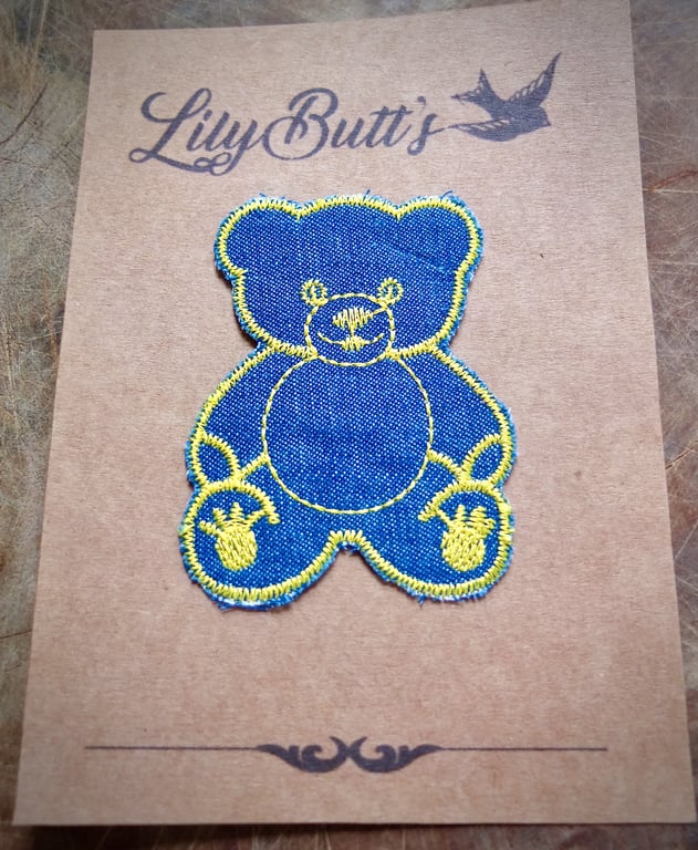 Embroidered Denim Teddy Bear Sew on Patch