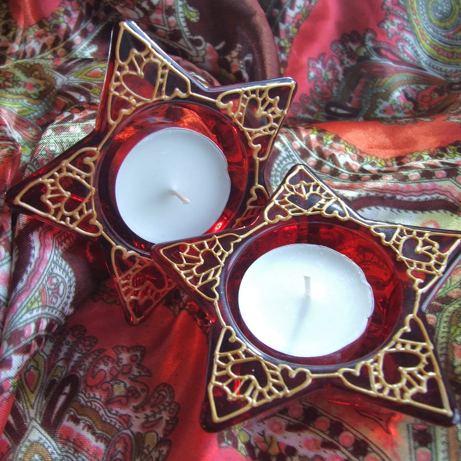 Hearts and Stars Red and Gold Tealight Holders Pair