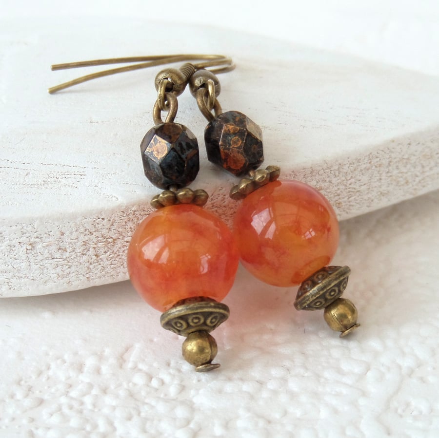 Orange agate bronze earrings with brown crystal