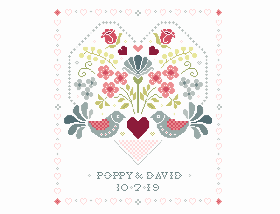 047D - Cross stitch pattern Wedding Sampler Bridal gift plus alphabet colour