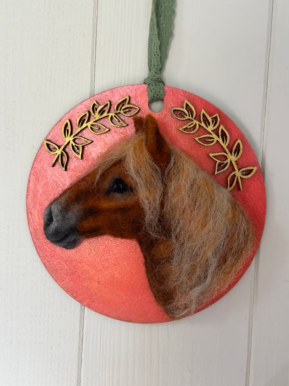 Needle felted horse head wall hanging decoration.