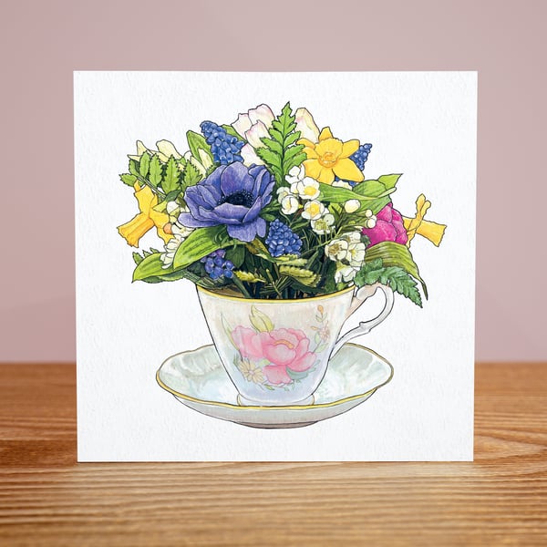 Teacup and spring posy card – Blank inside, FSC certified, 148x148mm