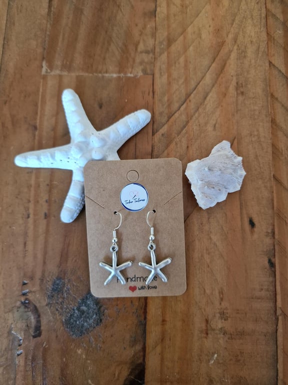 Antique Finish Silver Toned Starfish Drop Earrings - 925 Silver Ear Wires