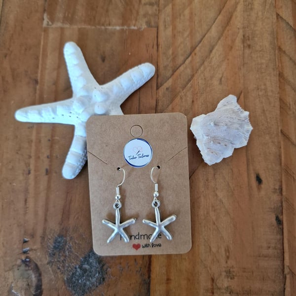 Antique Finish Silver Toned Starfish Drop Earrings - 925 Silver Ear Wires