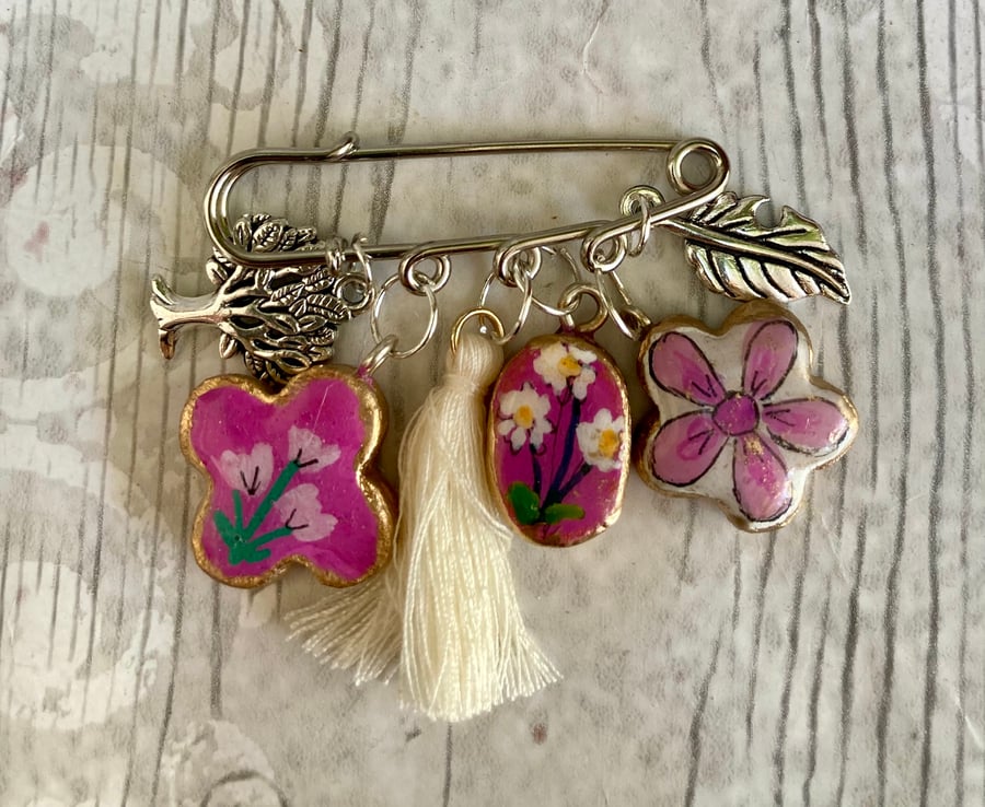 Boho Clay Pink Floral Charms Kilt Pin Brooch Summer Vibes Handcrafted Jewellery