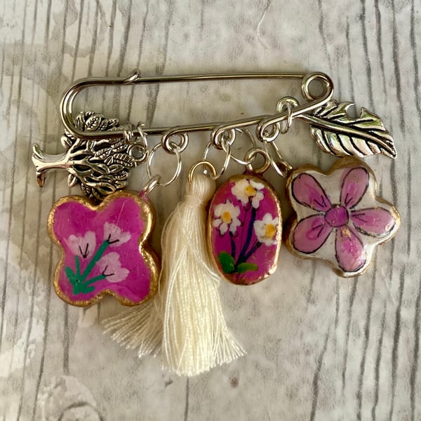 Boho Clay Pink Floral Charms Kilt Pin Brooch Summer Vibes Handcrafted Jewellery