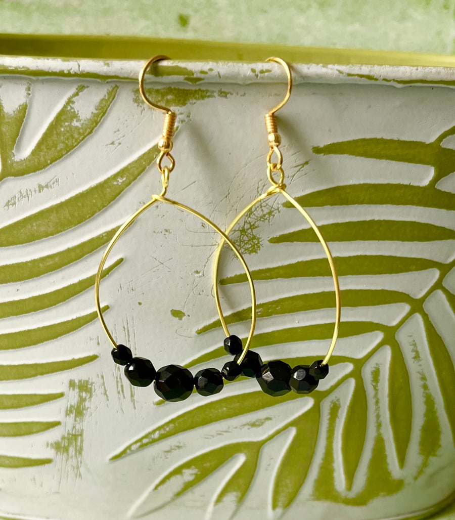 Large Oval Hoop Earrings - Jet Black Faceted Glass - 40mm - Gold 