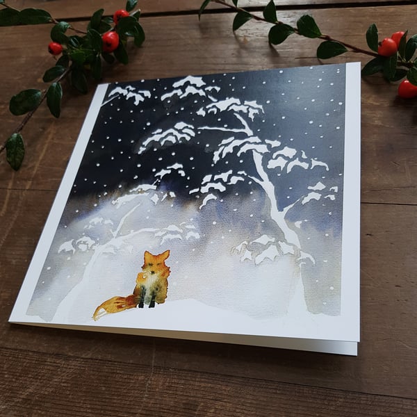 Fox in the snow Christmas cards, set of, watercolour, Japanese woodblock print