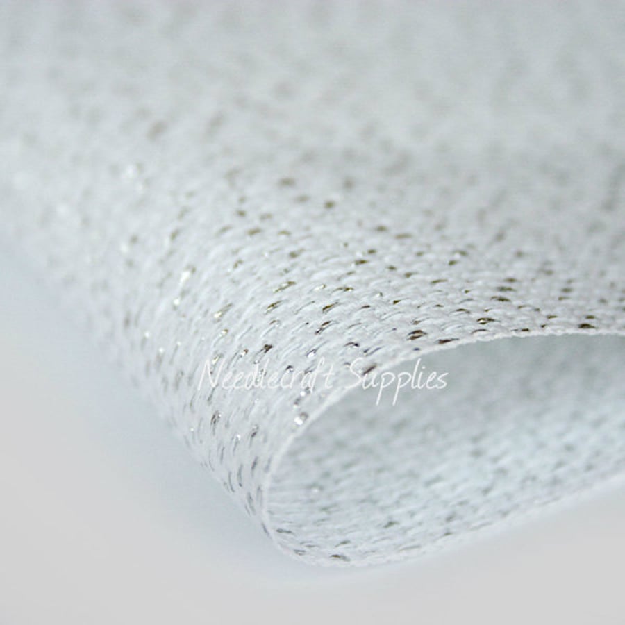 ZWEIGART 14 count aida cross stitch fabric white with silver fleck 12" x 10"
