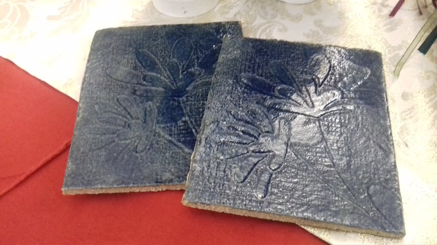 Handmade ceramic blue embossed tile coaster x 2