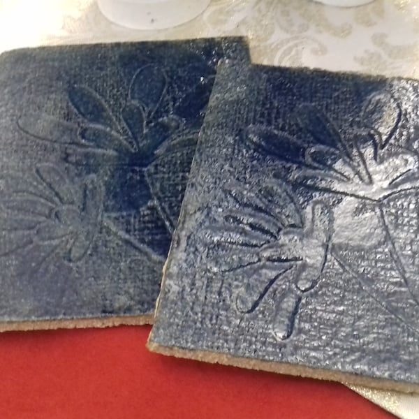 Handmade ceramic blue embossed tile coaster x 2