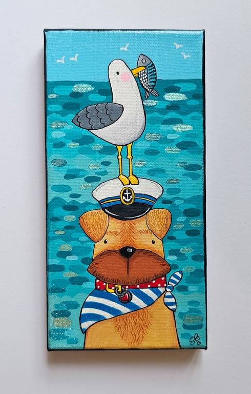 Handpainted canvas 8x5inch of a cute dog with a cornish seagull on its head.