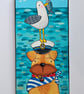 Handpainted canvas 8x5inch of a cute dog with a cornish seagull on its head.