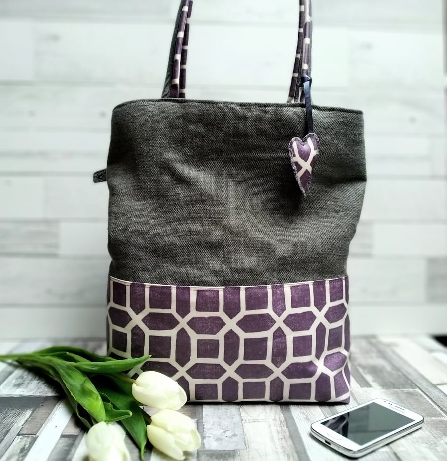 Grey Woven Fabric and Mulberry Geometric Oilcloth Shoulder Tote
