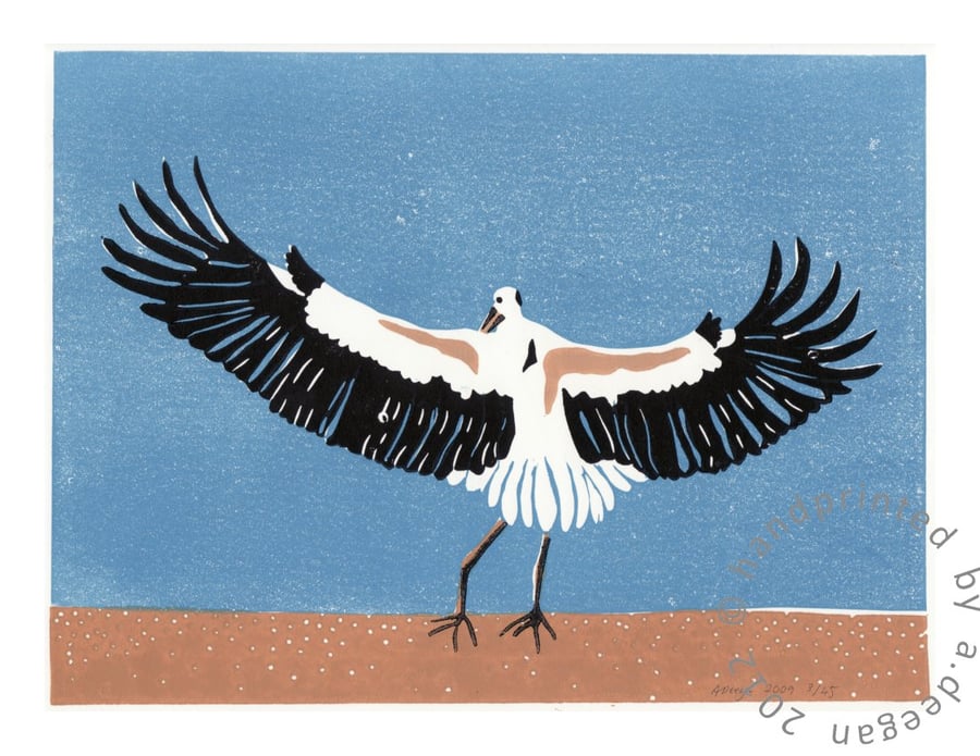 SALE Original lino print "stork landing"