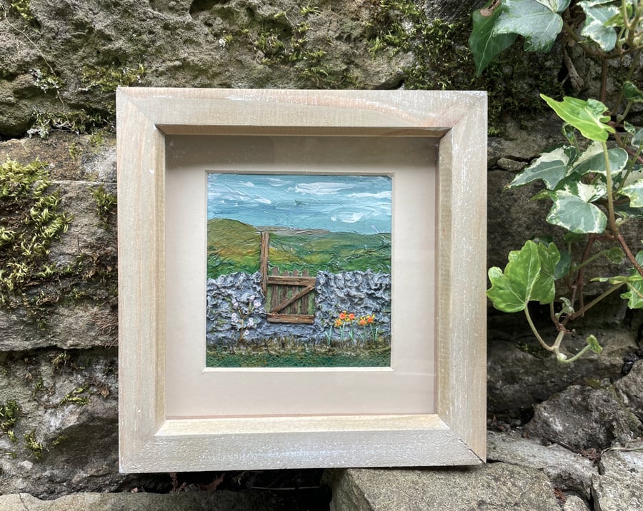 Spring gate with daffodils: mixed media