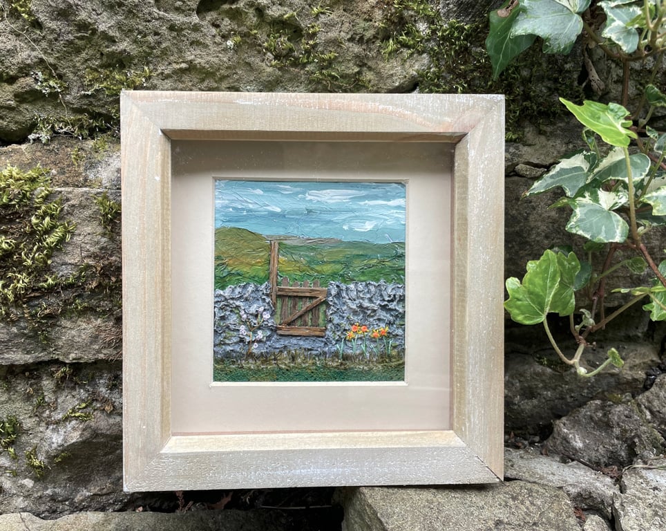 Spring gate with daffodils: mixed media