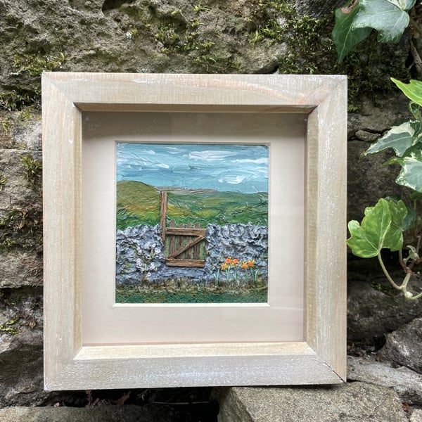 Spring gate with daffodils: mixed media
