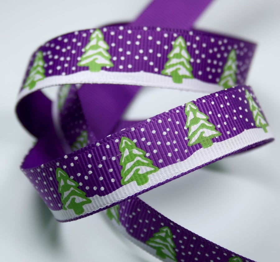3 meters of 15 mm Grosgrain Purple Ribbon with Trees