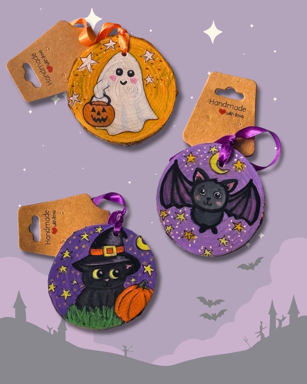 Halloween Hand Painted Natural Wood Decorations