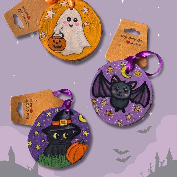 Halloween Hand Painted Natural Wood Decorations