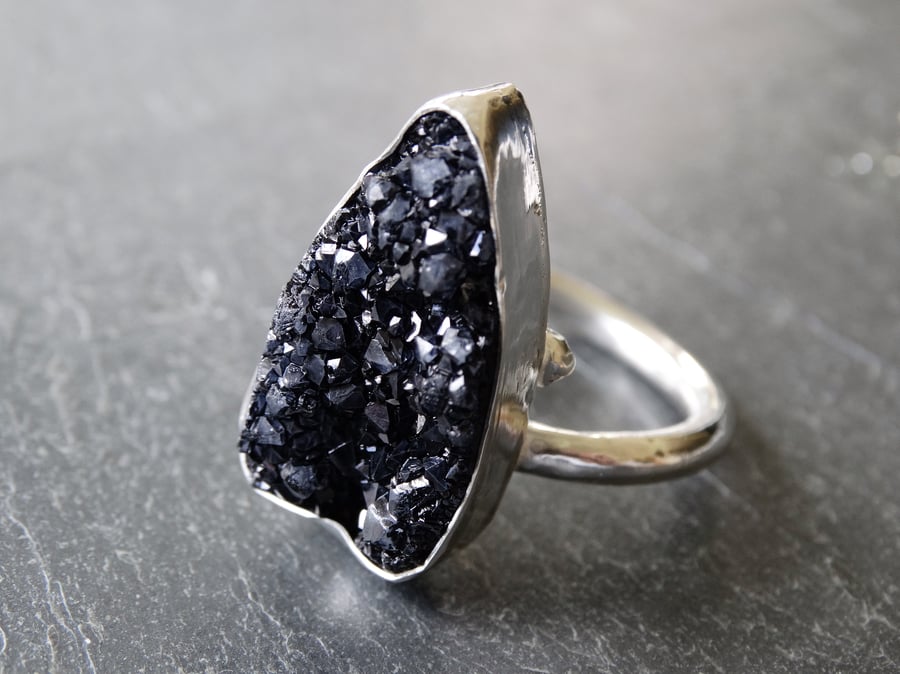 Sterling silver adjustable resizable isolde ring. Black pear shaped druzy, drusy