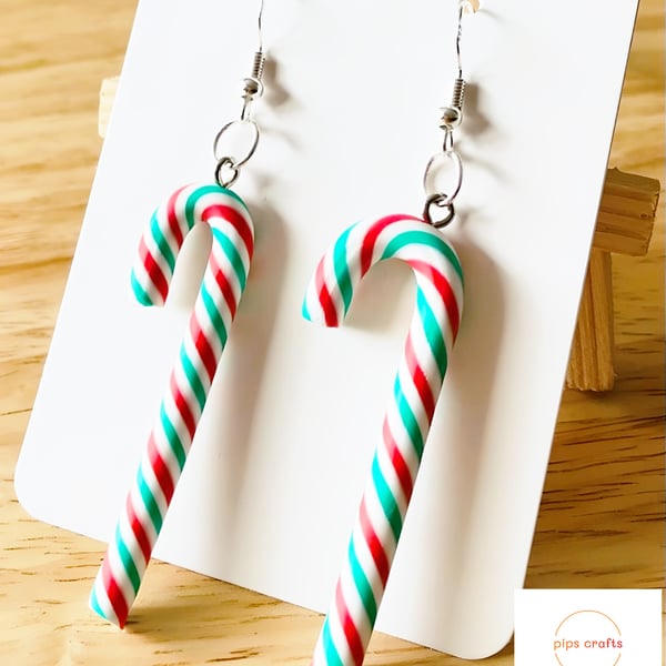 Fun Candy Cane Earrings Red & Green, Quirky Jewellery, Festivals, Christmas