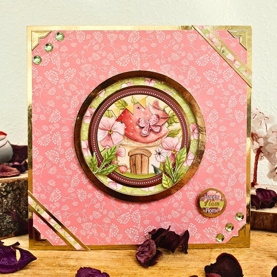 "Happy New Home" Housewarming Card Featuring A Mushroom House & Flowers