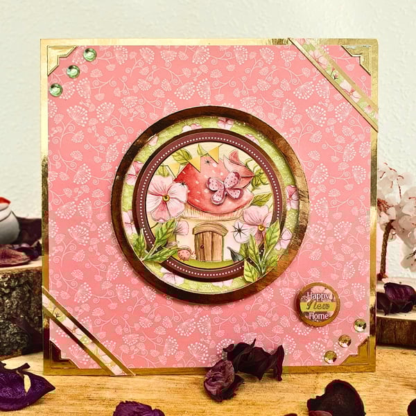 "Happy New Home" Housewarming Card Featuring A Mushroom House & Flowers