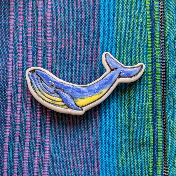 Blue whale hand painted porcelain brooch, wearable ceramic whale art