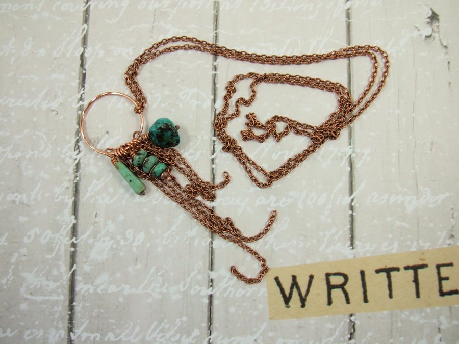 Long Turquoise and Copper Tassel Necklace.  BoHo Necklace